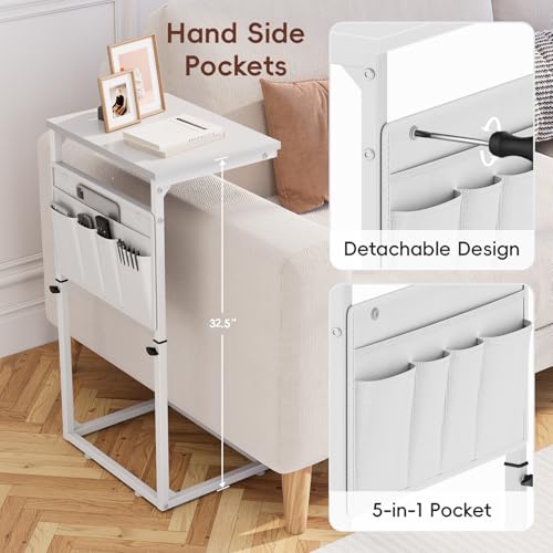 Vagusicc C Shaped End Table, 33" Tall Side Table for Couch, Adjustable Height Small Couch Side Table for Small Spaces, C Table End Table Slide Under Sofa Table TV Tray for Living Room Bedroom, White - color: White