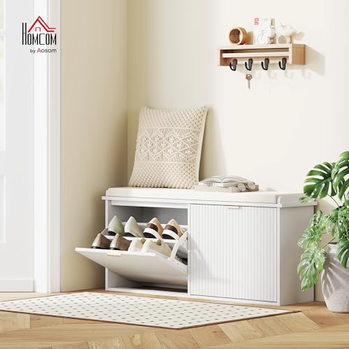 HOMCOM Shoe Bench with Padded Seat Cushion and 2 Flip-Drawers, Entryway Bench Holds up to 529lb, Shoe Cabinet, 40.9x10.2x18.7 Inches, White - color: White, size: 40.9" x 10.2" x 18.7"