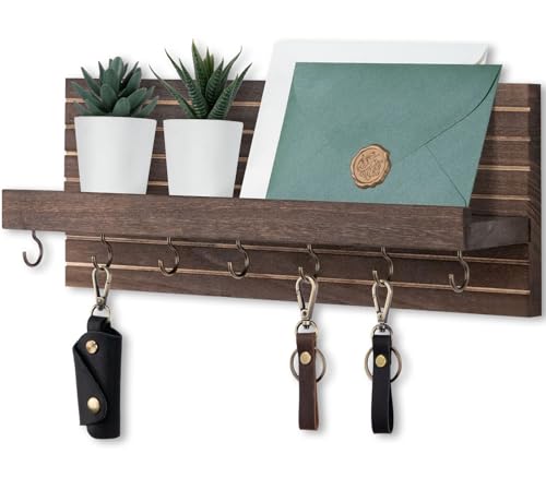 Lwenki Decorative Key Holder for Wall with Shelf, Entryway Shelf with Hooks Holds Leashes, Jackets and Glasses – Sturdy Wood Keyholder Entrance Hanger with Mounting Hardware (Brown, Large) - color: Brown, size: Large
