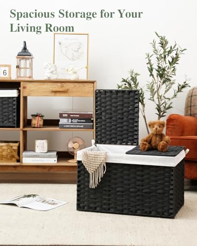 SETVSON Storage Basket with Lid Rattan Storage Basket with 2 Separate Lid, 27.8 Gallon (105 L) 25.2 * 15.4 * 16.1 Inches Woven Wicker Baskets with 2 Liners and Handles for Bedroom Laundry Black - color: Black, size: 105L-25.2L*15.4W*16.1H