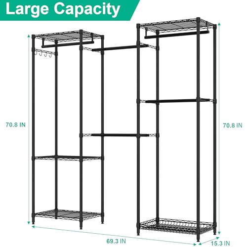 Folews Freestanding Closet System, Large Free Standing Closet Rack Organizer for Hanging Clothes Adjustable Metal Wire Clothing Rack with 5 Shelves & 5 Rods, Black - size: 15.3"D x 69.3"W x 70.8"H