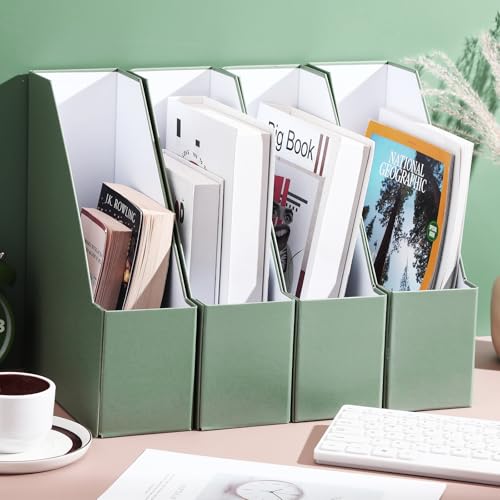 Feifeiya Magazine File Holder Set of 6 Stylish Sturdy Cardboard File Boxes Desk Organizer Beautiful Magazine Holder Rack with Gold Label Holder for Home Office Desktop Bookshelf Classroom(Sage Green) - color: sage green