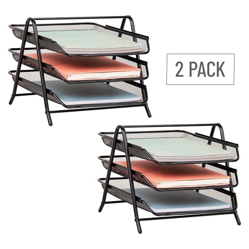 Mind Reader 3-Tier Paper Tray, Desktop Organizer, File Storage, Office, Metal Mesh, 11.75" L x 13.75" W x 10" H, Set of 2, Black - style: 2 Pack