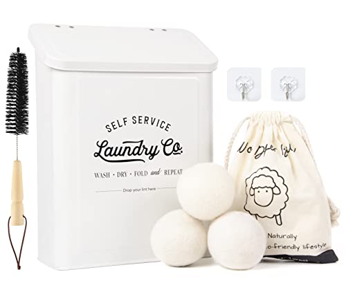 MONJITA Magnetic Lint Bin for Laundry Room, Metal Trash Can with Lid for Dryer, Farmhouse Lint Holder, Laundry Co Sign, Laundry Room Storage Decor with Dryer Lint Brush (White-Dryer Ball Set) - color: White (Dryer Ball Set)