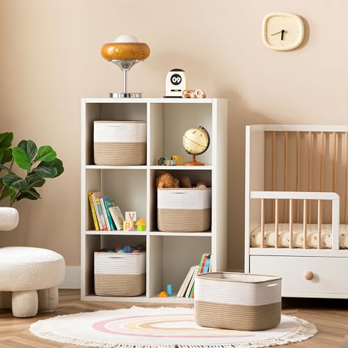 UBBCARE 4 Pack Baskets for Organizing, Woven Storage Baskets for Toys and Towel, Rectangle Cotton Rope Basket with Handles, 14''L x9''W x8''H, Brown - color: White&Brown, size: 4 Pack - 14 X 8 X 9 Inches