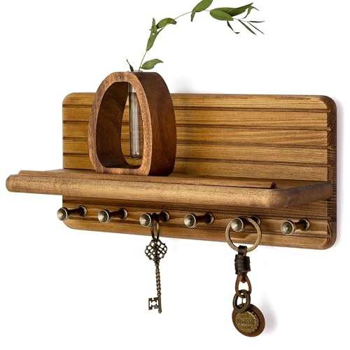 Rebee Vision Farmhouse Key Holder Wall Mount for Home Decor – Decorative 11-inch Pine Wooden Key Holder for Wall with 6 Hooks & Floating Shelf - Apartment Essentials for Tidy Space (Light Brown) - color: Light Brown, size: Medium-11inch