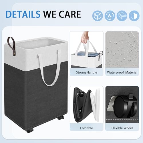 HomeHacks Laundry Basket with Wheels, Rolling Laundry Hamper, Collapsible & Waterproof Clothes Hamper, Narrow Corner Bins with Extended Handles in the Family & Dorm 90L(Grey) - color: Gray, size: 90L