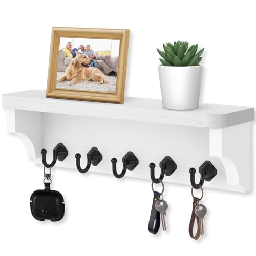 Nekon Key Holder for Wall, 11.8" W x 3.5" H x 2.8" D Decorative Key Organizer with Floating Shelf, Wall Mount Key Rack with 5 Hooks (Rustic White) - color: Rustic White