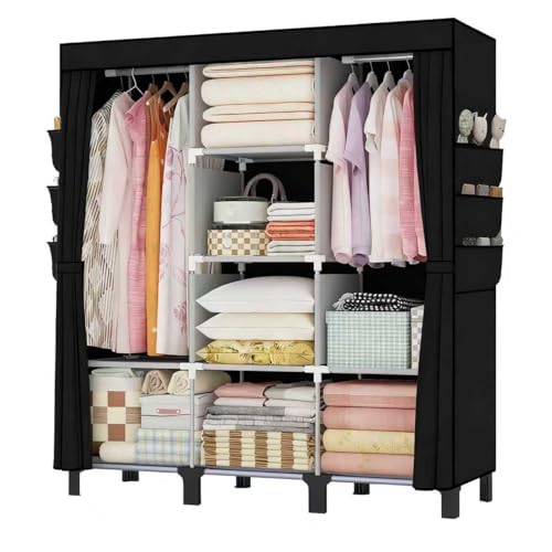 Portable Wardrobe, Clothes Organizer, Easy Hanger Wardrobe, Multiple Dividers and 3 Drawers, 6 Side Pockets Large Capacity (Black) - color: Black
