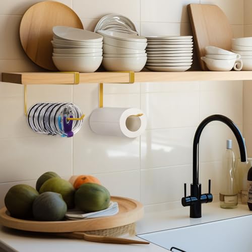2 Pack Tumbler Lid Organizer, Horizontal Tumbler Lid Storage Hook Up to 20 Lids, Space Saving Cup Lid Holder Under Cabinet Tumbler Lid Hook for Kitchen Organizer, Paper Towel Hanger(Round&Flat, Gold) - color: Gold, size: 2 Pack(Round&Flat)