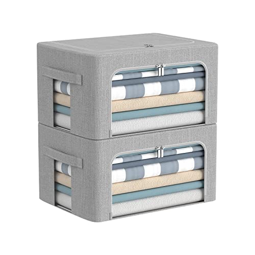CYhom Clothes Storage Bins Box - Foldable Stackable Container Organizer Set with Clear Window & Carry Handles & Metal Frame - 2Pack Large Capacity for Bedding, Blankets, Books - color: Light Grey, size: Small-22L