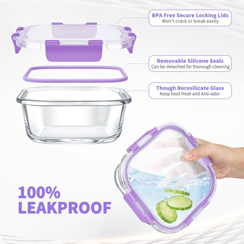 34pcs Glass Food Storage Containers with Lids Set, Airtight Glass Meal Prep Containers (17 Containers & 17 Lids), Leak Proof Lunch Container BPA-Free, Microwave, Oven, Freezer, Dishwasher Safe-Purple - color: PURPLE