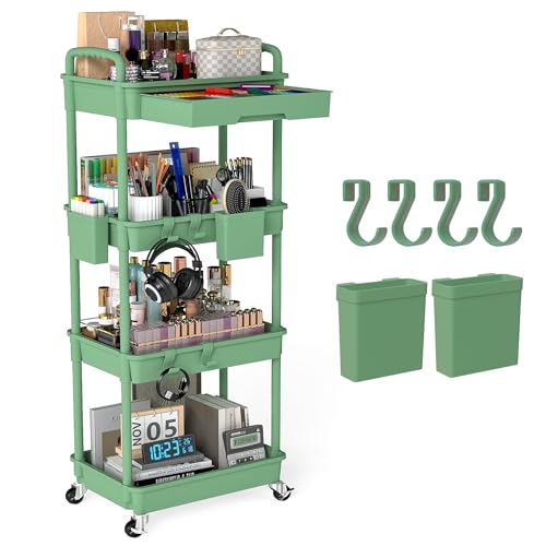 4 Tier Rolling Utility Cart with Drawer, Plastic Storage Organizer Rolling Carts with Wheels Handles Hanging Cups Hooks for Office, Bathroom, Kitchen,Craft Art Room (Green) - color: Green, size: 4-Tier