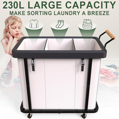 230L (60 Gal) Extra Large Fashion Laundry Sorter 3 Section with Lid, Rolling Laundry Basket Hamper with Handle, Laundry Organizer Storage Cart with Sturdy Metal Frame for Laundry Room, Hotel, White - color: White-3 Section, size: 230L