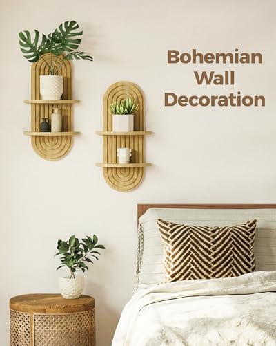 Bamworld Boho Wall Decor 2pcs Plant Wall Shelf, Mid Century Modern Decor Hanging Plant Shelf, 2-Tier Wooden Floating Shelves for Home, Bathroom Bedroom Living Room Holding Planter Decoration Natural - color: Natural, size: 16.7'' 2pcs