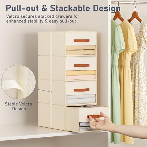 DIMJ Closet Organizers and Storage - Fabric Bins with Drawers for Closet Foldable Clothes Organizers with Clear Window, Stackable Storage Drawers Units for Bedroom, Living Room, Medium 6-Pack, Beige - color: Beige, size: Medium - 6 Pack