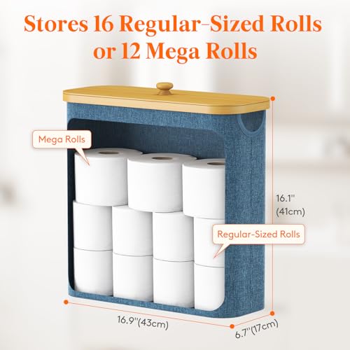 Lifewit Toilet Paper Storage Holder for 12 to 16 Rolls, Free Standing Toilet Paper Basket Stand with Bamboo Lid, Collapsible Fabric Bathroom Organizer Box for Mega Rolls, 30L, Extra Large, Dark Blue - color: Dark Blue, size: 30L