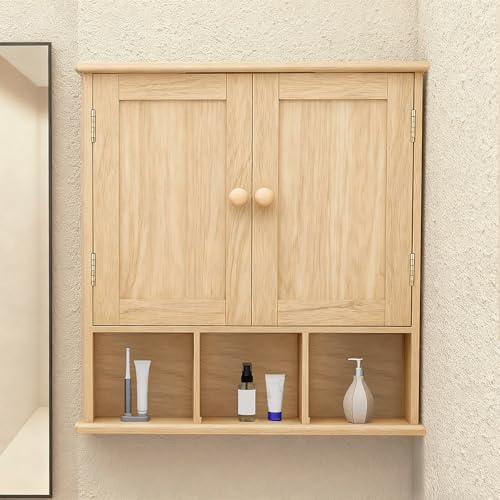 TaoHFE Natural Wooden Color Bathroom Wall Cabinet with 2 Door Adjustable Shelves,Over The Toilet Storage Wall Mounted Medicine Cabinets for Bathroom Laundry Room Kitchen - color: Wooden Color