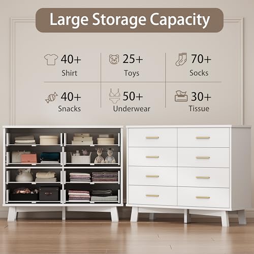 Xixini Dresser for Bedroom, 8 Drawer Wide Modern Chest of Drawers with X-Shaped Sturdy Base, Wood Double Dresser Closet Clothes Storage Organizer, Wooden TV Stand for Living Room, Hallway, White - color: White, size: 15.6"D x 47.2"W x 37.2"H (8 Drawers)