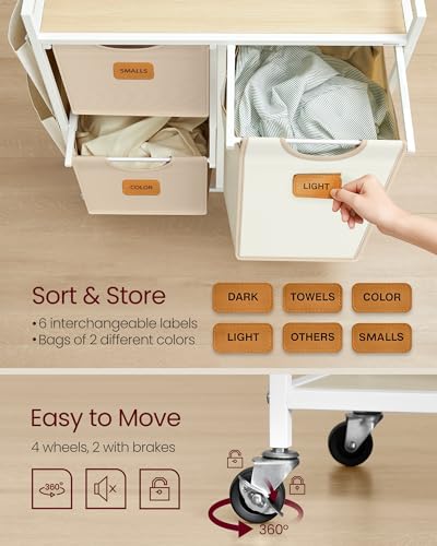 VASAGLE Laundry Hamper with 3 Compartments, 26.4 Gal. (100 L) Laundry Sorter, Rolling Laundry Cart with Shelves, Small Side Pockets, 6 Labels, Natural Beige, Camel Brown and Cream White UBLH202N01 - color: Natural Beige + Camel Brown + Cream White, size: