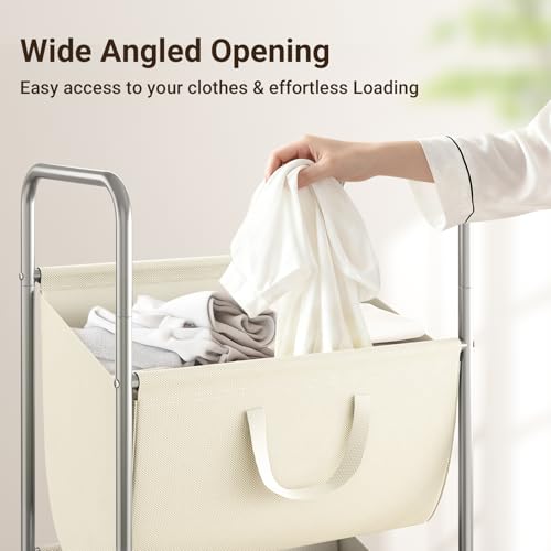 ELYKEN 120L Vertical Rolling Laundry Hamper with Removable Bags, 3 Section Laundry Baskets with Wheels, Space-Saving 3 Tier Laundry Sorter for Small Spaces, Dorm, Bedroom, Bathroom, Laundry Room - color: Creamy