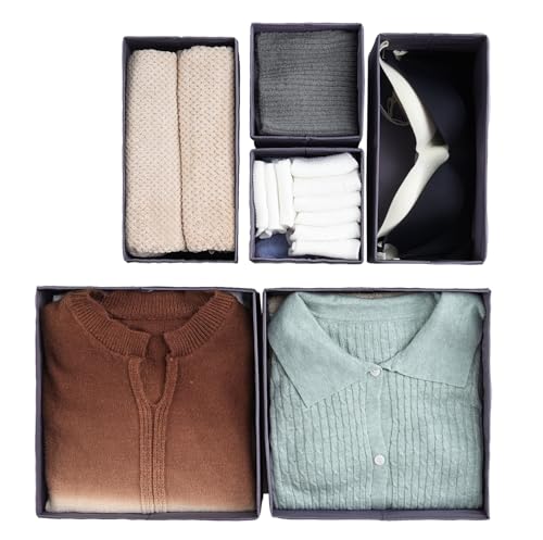 TYEERS Drawer Organizers, Durable Fabric, Washable, with Base Support Boards, Small Storage Boxes for Bathroom, Closet, Dresser, Set of 6, Dark Grey - color: Dark Grey, size: S+M+L (Set of 6)