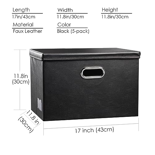 PRANDOM Large Stackable Storage Boxes with Lids [5-Pack] Leather Fabric Foldable Storage Bins Organizer Containers Baskets Cubes with Cover for Bedroom Closet Office Nursery Black(17.7x11.8x11.8) - color: Black, size: Large(5-Pack)