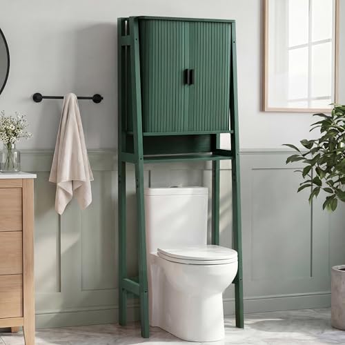 weselon Over the Toilet Storage Cabinet with Fluted Sliding Doors, Bathroom Space Saver Organizer, Freestanding Over Toilet Storage Rack for Small Bathroom, Wall-Anchored Wooden Cabinet (Green) - color: Green