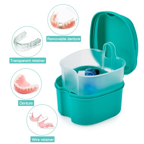 2 Pack Color Retainer Cleaner Case Denture Cups for Soaking Dentures, False Teeth Container Partial Denture Cleaning Case with Lid Travel - Lake Green and Dark Blue - color: Lake Green & Dark Blue