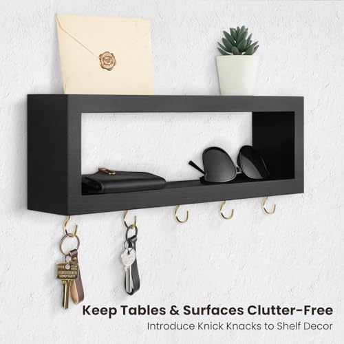 Lwenki Wall Shelf with Hooks - Decorative Key and Wallet Holder for Wall Holds Sunglasses, Leashes, Scarves and Lanyards - 15.7" x 5.1" x 2.9" Entryway Organizer Made of Paulownia Wood (Black) - color: Black