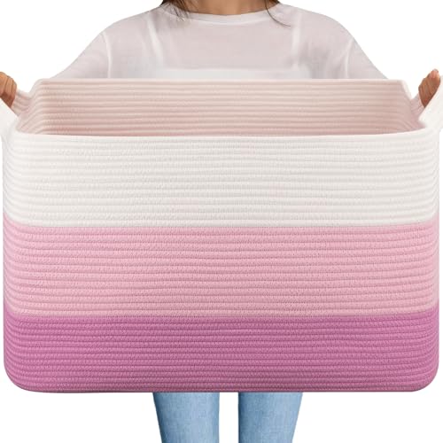 OIAHOMY Extra Large Blanket Basket, 95L Cotton Rope Woven Laundry Basket, Toy Bin for Baby Room, Container for Blanket Storage in Living Room, 24''×17''×14'', Gradient Pink - color: Gradient Pink, size: 95L