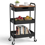 3 Tier Rolling Cart with Drawer, Metal Utility Cart on Wheels Storage Cart with Wood Top, Kitchen Cart Art Cart Organizer for Bathroom Office Balcony Living Room - color: Black