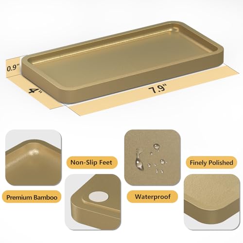 Weenson Gold Bathroom Vanity Tray for Countertop Makeup Perfume Jewelry Decor Candle Keys, Bamboo Kitchen Tray for Soap Dispenser Spice, Small Toilet Tray Nightstand 7.9" L x 4" W x 0.79" H - color: Gold, size: 7.9" x 4" x 0.8"