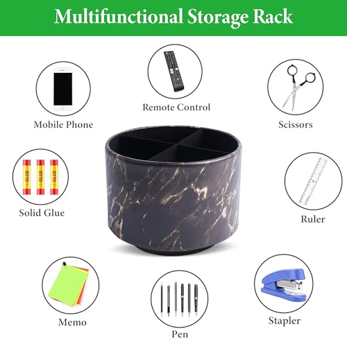 Round Leather Art Supply Organizer,Remote Control Holder,360-degree Rotating Pen Organizer with 4 Compartments(1-Marble Black Gold) - color: 1-Marble Black Gold