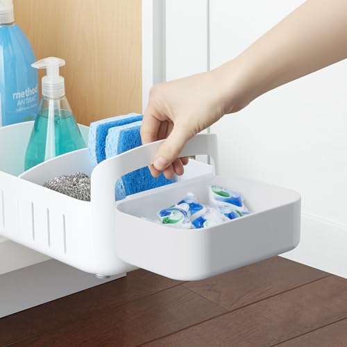 YouCopia RollOut Caddy Rolling Storage Bin with 2 Adjustable Dividers and Removable Basket for Kitchen and Bathroom Under Sink Organization, 8" Wide