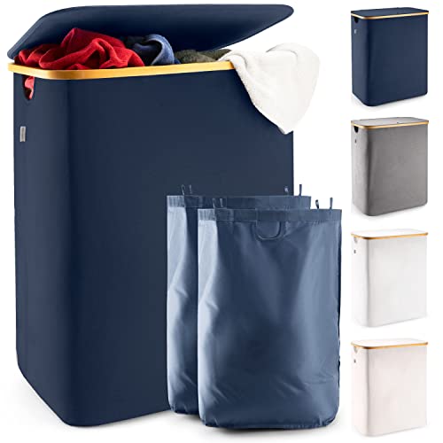 LONBET Laundry Basket with Lid, Made from Breathable Fabric | Aesthetic Clothes Hampers for Laundry with Side Handles & Sturdy Bamboo Frame (40 Gallons - Double, Blue) - color: Blue, style: 40 Gallons - Double