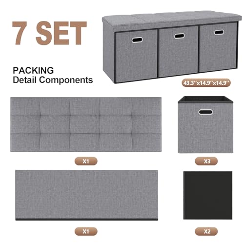 43''W Storage Ottoman Bench with 3 Drawers, Folding Ottoman Foot Rest with Storage, baul para habitacion, Entryway Bench, End of Bed Bench, Grey - size: 14.5"D x 43.3"W x 15"H