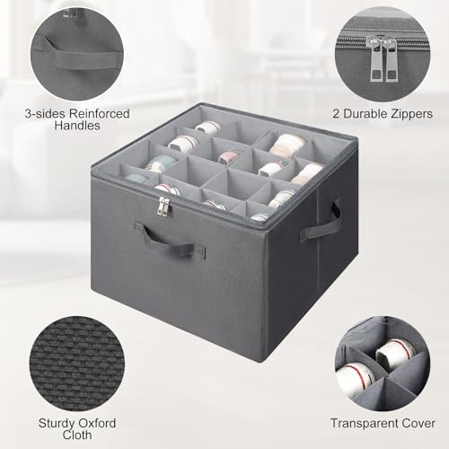 Fabric Shoe Organizer for Closet, Foldable Shoe Storage Bins with Clear Cover, Shoe Container with Adjustable Dividers, Fits up to 16 Pairs, Gray