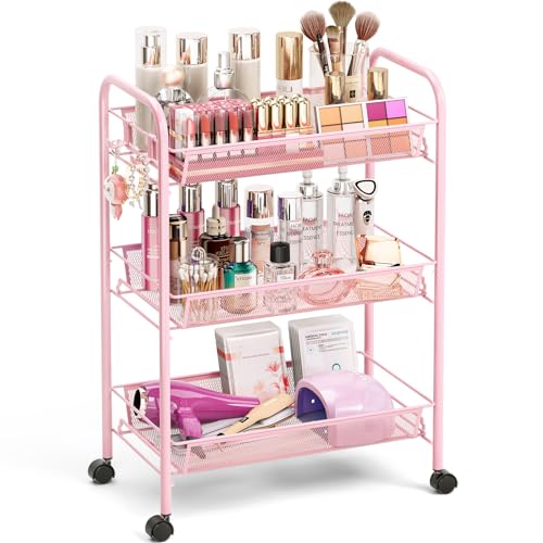 TOOLF 3 Tier Rolling Cart Pink - Metal Storage Organizer with Wheels, 33 lbs Shelf Capacity, Easy 5-Min Assembly, for Girls Room Bathroom Kitchen Office Nursery, Compact Design for Small Spaces, Pink - color: Pink, size: 3-Tier