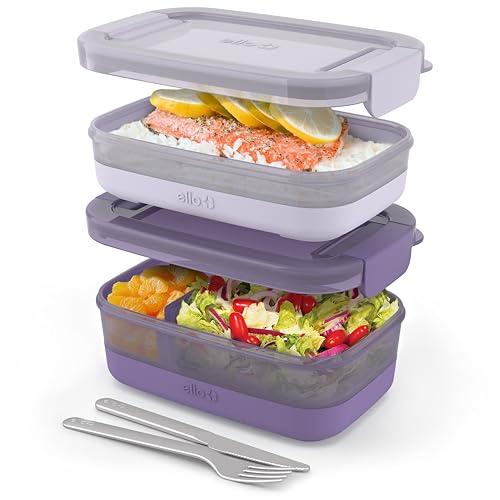 Ello 2-Pack Bento Box Lunch Stack Plastic Food Storage Container | Leak-Proof Locking Plastic Lids | Silicone Base | BPA-Free | Freezer Microwave and Dishwasher Safe | Wisteria - color: Wisteria