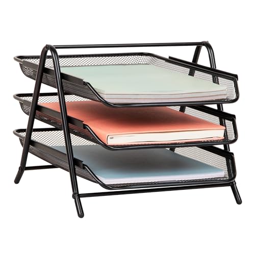 Mind Reader 3-Tier Paper Tray, Desktop Organizer, File Storage, Workspace, Office, Metal Mesh, 11.75"L x 13.75"W x 10"H, Black
