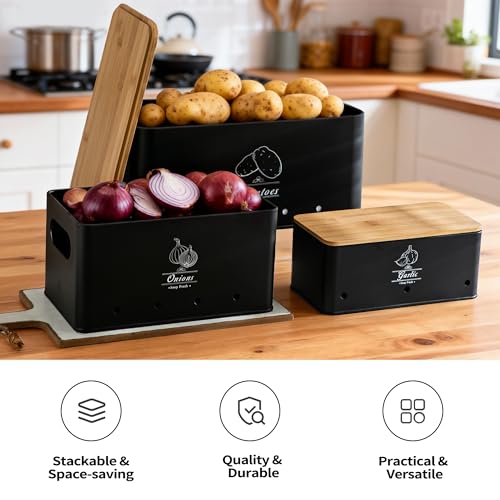 Potato Onion and Garlic Storage Bin Set of 3, Black Metal Kitchen Vegetable Canisters with Bamboo Lid and Aerating Holes, Stackable Kitchen Storage Tin for Countertop Pantry - color: B - Black Vegetable Canisters