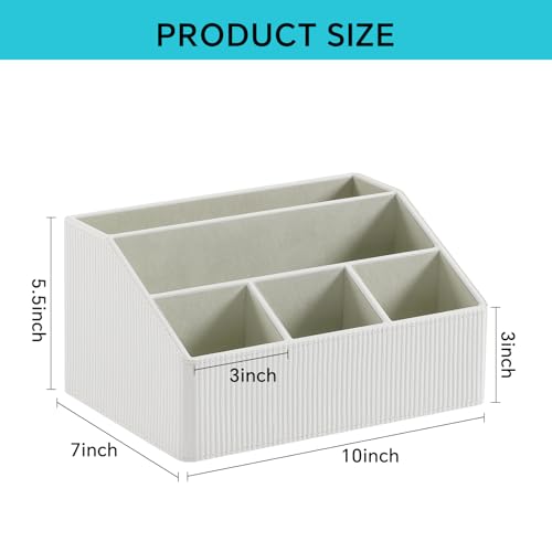 Remote Control Holder with 5 Compartments for Office Art Supplies, PU Leather Nightstand Organizer Pencil Pen Desk Caddy for Home, Desktop TV Remote Control Organizer Storage (Striped Ivory) - color: Striped Ivory