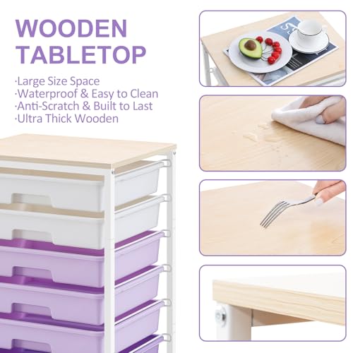 SYKIARIOL Rolling Cart with Drawers,Utility Cart With 8 Drawers and Wooden Tabletop for Living Room,Classroom,Bedroom,Bathroom,Dorm,Office,Purple - color: Purple
