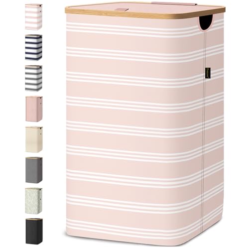 BALEINE Laundry Hamper with Lid, Tall Laundry Baskets with Bamboo Pull Handles, Large Laundry Bin with Internal Support (18 Gal/70L, Pink Pinstripe) - color: Pink Pinstripe, size: 70 liters