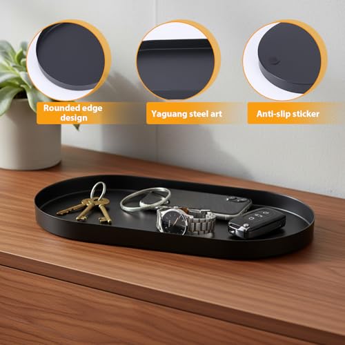 Oval Key & Wallet Tray, 12"x6"x0.8" Metal Valet Trays for Entryway Table, Minimalist Catch All Dish for Keys, Wallet, Jewelry, Black