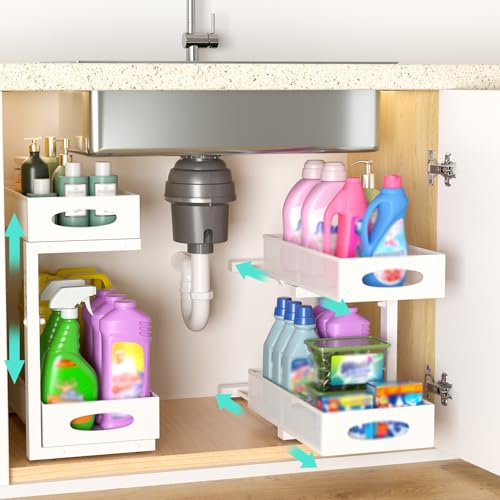 Under Sink Organizer, 2 Pack 2 Tier Metal Slide Out Pull Out Cabinet Organizer Shelf, Height Adjustable Organization and Storage Series, Bathroom/Desktop/Cabinet/Kitchen organization, White - color: White - Double Pack, size: Standard Version