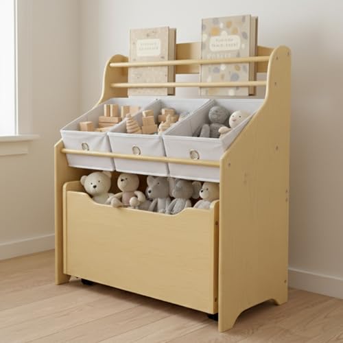 Humble Crew 3-in-1 Kids Bookshelf and Toy Storage Organizer, Natural/White - Toddler Organizers with Rolling Toy Box and 3 Fabric Bins – Sturdy Baby Book Shelf, Perfect for Nursery and Playroom - color: Natural/White