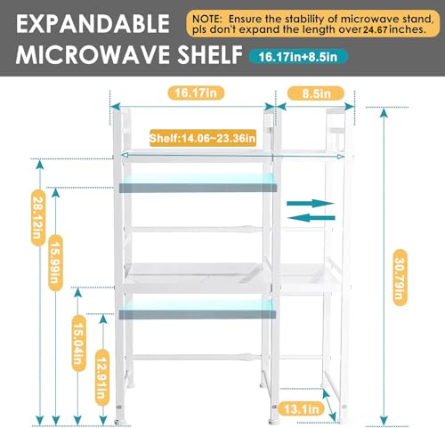 DOLALIKE Microwave Oven Rack, Expandable Microwave Stand Kitchen Countertop Organizer Utensils Storage, Carbon Steel Over Microwave Shelf with 3 Hooks (White, 3 Tier) - color: White, size: 3 Tier (Without Spice Rack)
