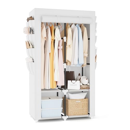 Portable Closet for Hanging Clothes, Portable Wardrobe Closet with Cover, 4 Storage Shelves, 2 Hanging Rods and 8 Side Pockets, Easy Assembly and Sturdy Free Standing Closet for Bedroom, White - color: White